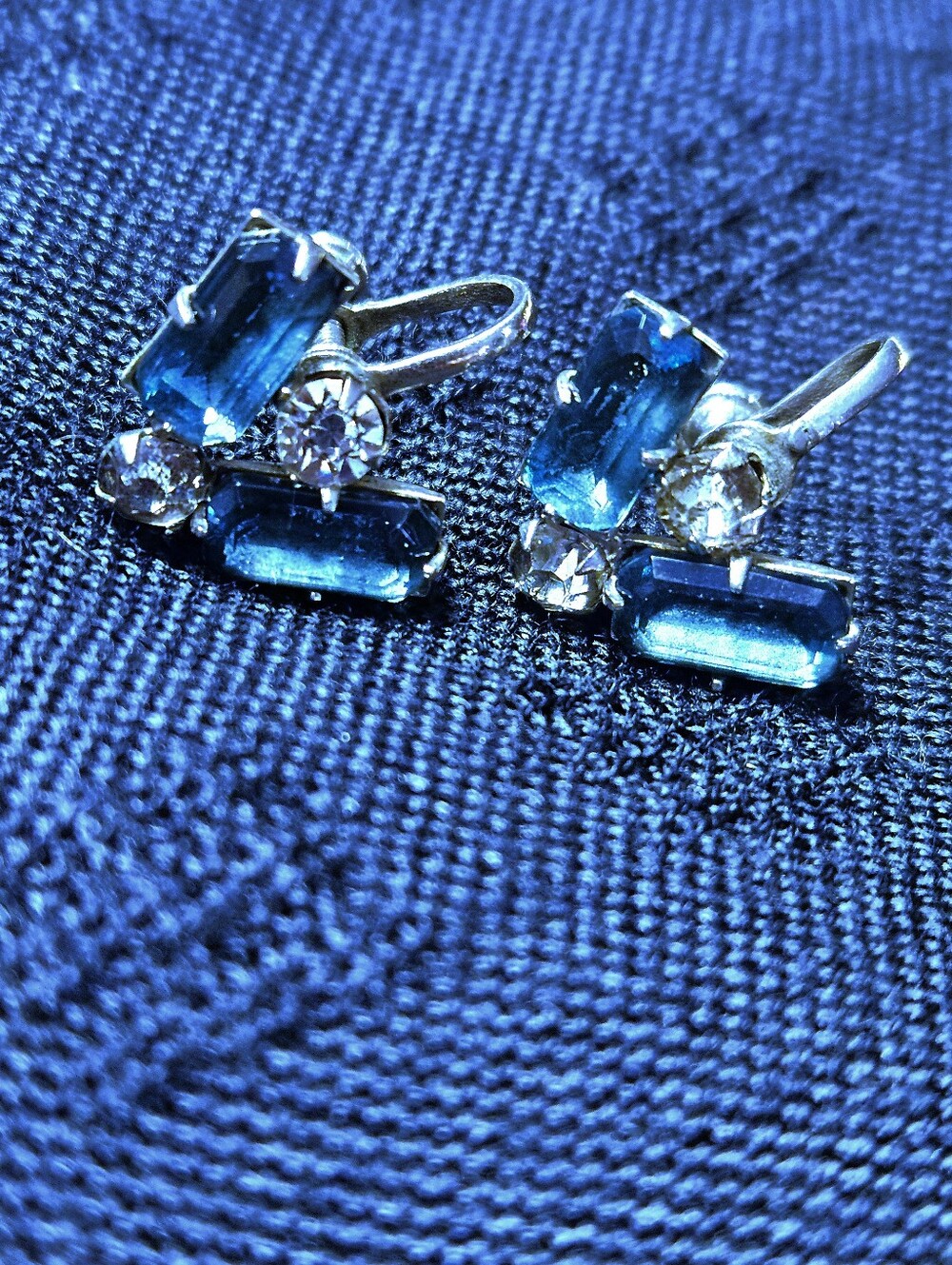 Vintage 1950s Asymmetric Blue Zircon Rhinestone Baguette Screw- Back Earrings -